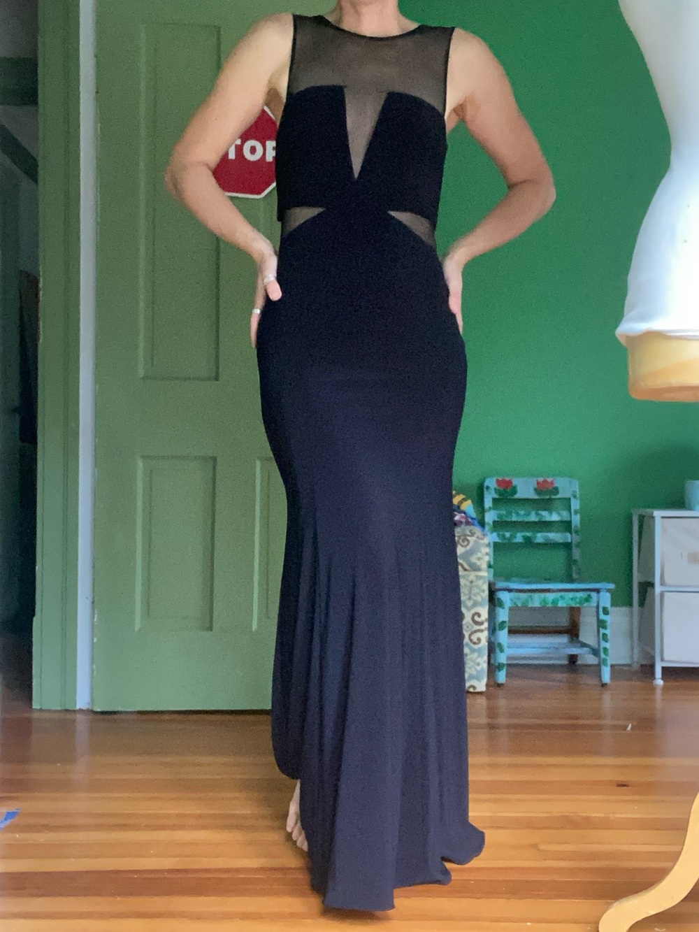 CACHE Black Mesh Panel Evening Gown 2 made USA sexy prom